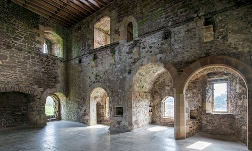 Interior view of a great hall in a castle with a fireplace and many arches and windows 